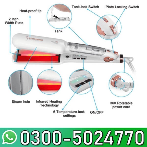 Hair Ceramic Straightener Infrared Steam Flat Iron White In Pakistan